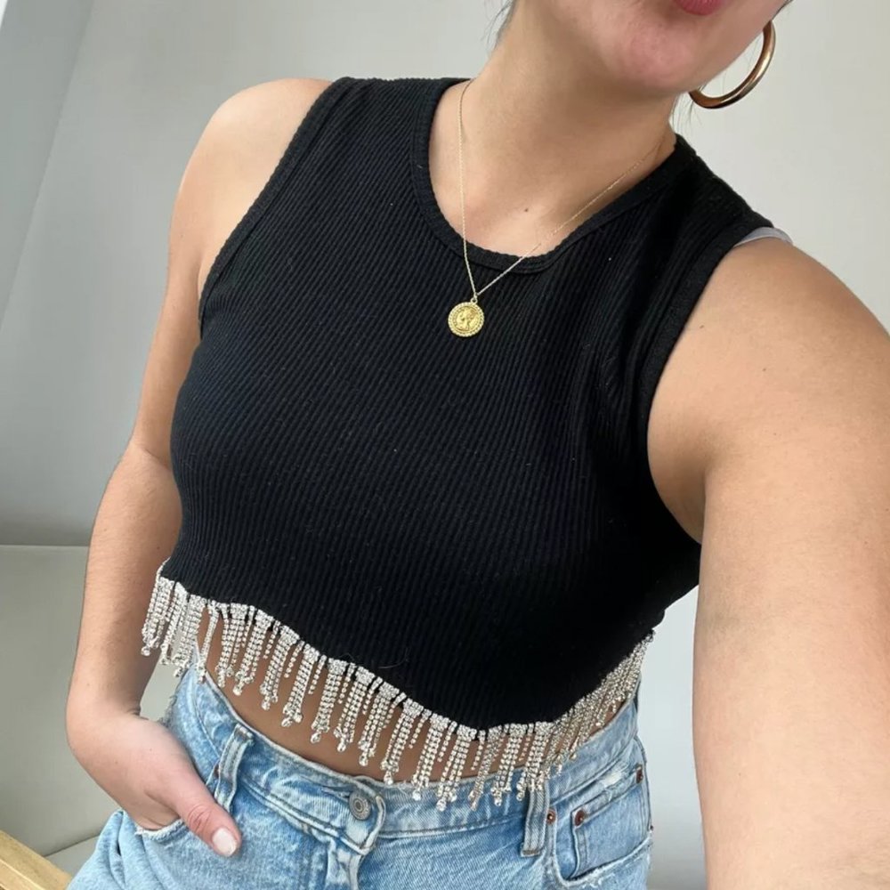 Ribbed Knit Crop Tank Rhinestone Fringe Black